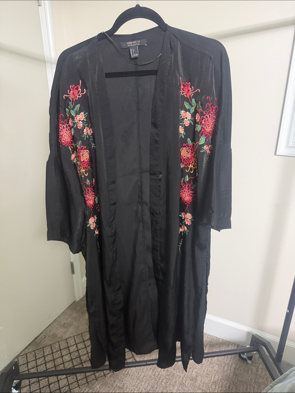 Forever 21 Black Satin Kimono with Pink Floral Embroidery